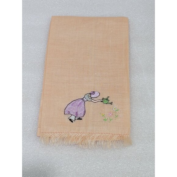 Vintage Linen Tea Towel Guest Orange Embroidered Girl Watering Flowers Fringe - Picture 1 of 4